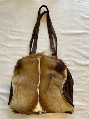 Faux Fur Brown Tote Bag with Leather Straps